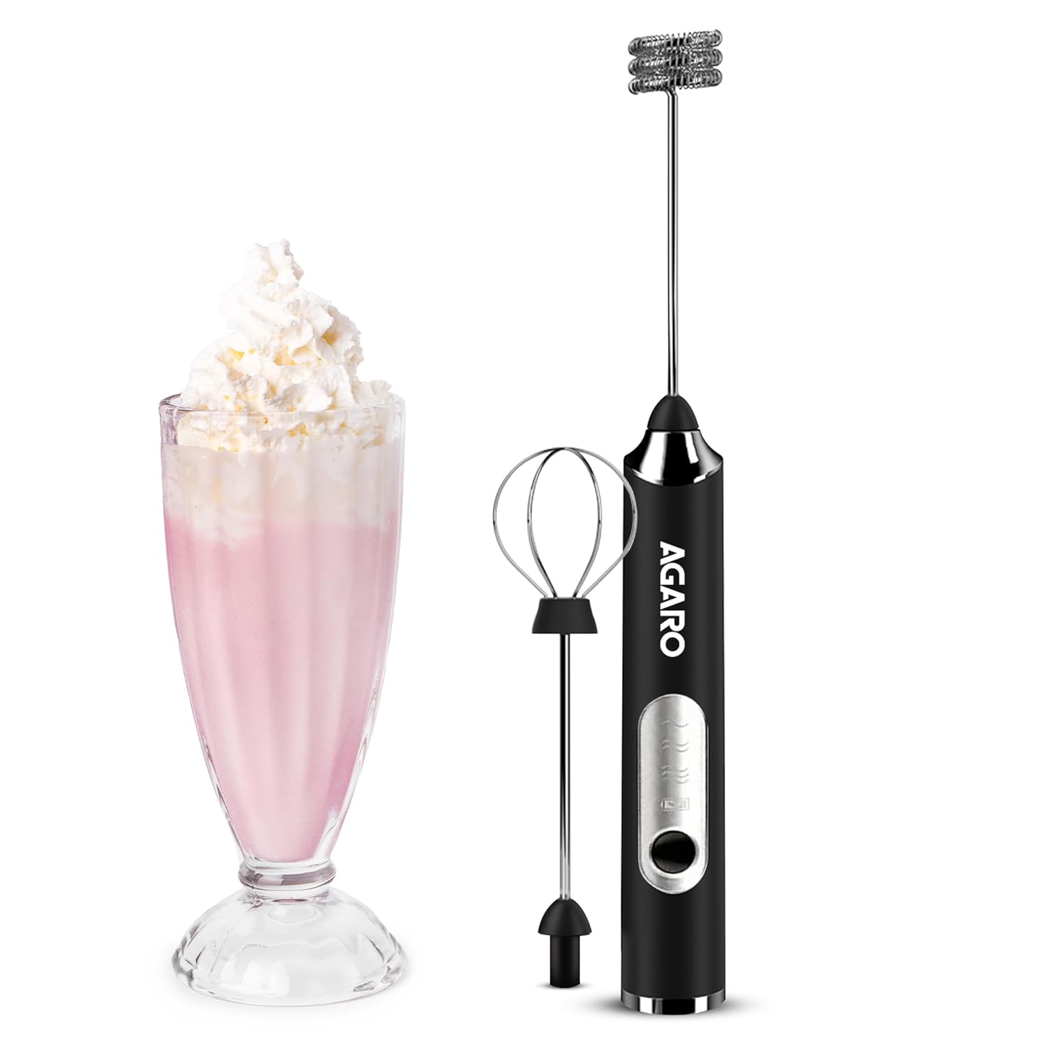 AGARO Royal Milk, 3‑Speed Electric for Coffee with Whisk and, Mixer, Stand‑up Design, for Cream (Whisk Milk), Rechargeable, Stainless Steel