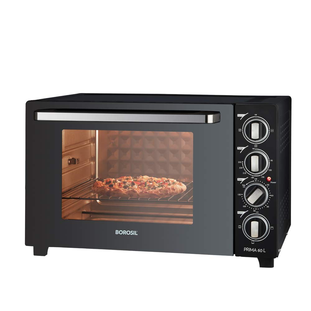 Borosil 2200W 60L OTG | BIS Approved, Made in India | Convection Oven Toaster Griller | Rotisserie, Grill, Bake & Toast | 12 Stage Heating | 2 Year Warranty | Black (Prima)