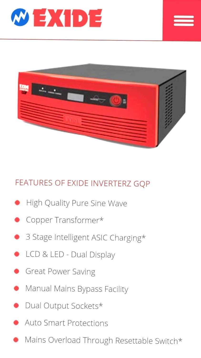 Exide Technologies 1050VA Pure Sinewave Home UPS Inverter with Digital Display (Multicolour)