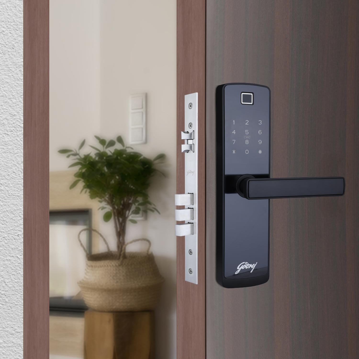 Godrej Smart Lock I Catus Connect I Digital Lock for Wooden Door | 5 in 1 Access I WiFi I Fingerprint I RFID Card I PIN Access I Mechanical Key I 3 Strong Locking Dead Bolts I Black I 3 Yrs Warranty