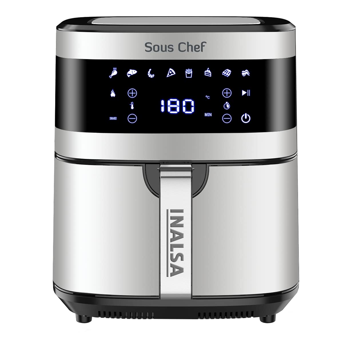 INALSA Stainless Steel Air Fryer Digital 6.5 L , 8 Preset Programs with 1650 Watt,Variable Temperature Control & Auto Shake Reminder|Free Recipe book|2 Yr Warranty(Black/Silver)-Sous Chef