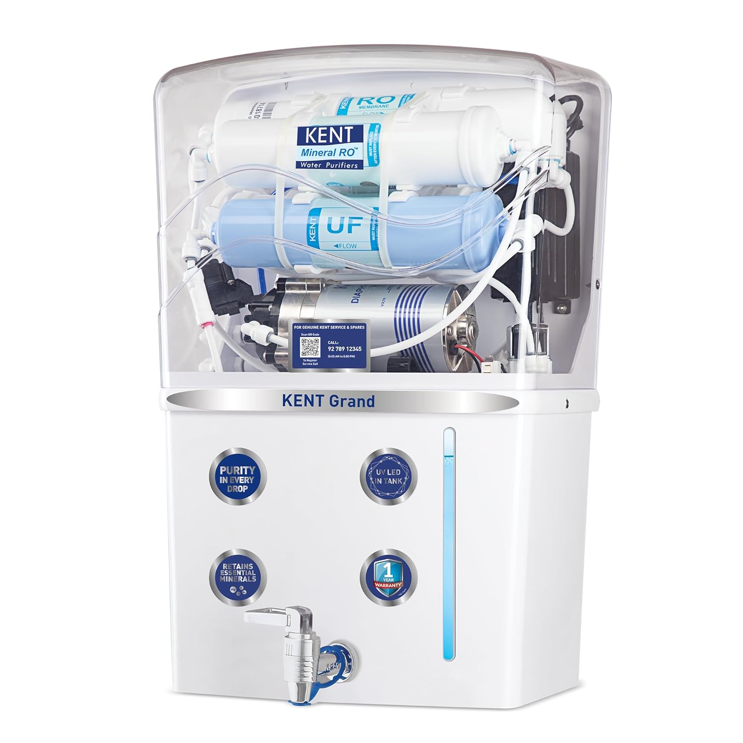 KENT Grand RO Water Purifier | Advanced RO Tech for Sabse Shudh Paani | RO+UF+TDS Control + UV LED Tank | 8L | 20LPH Flow | Ideal for Borewell/Tanker/Municipal Water | Largest Service Network