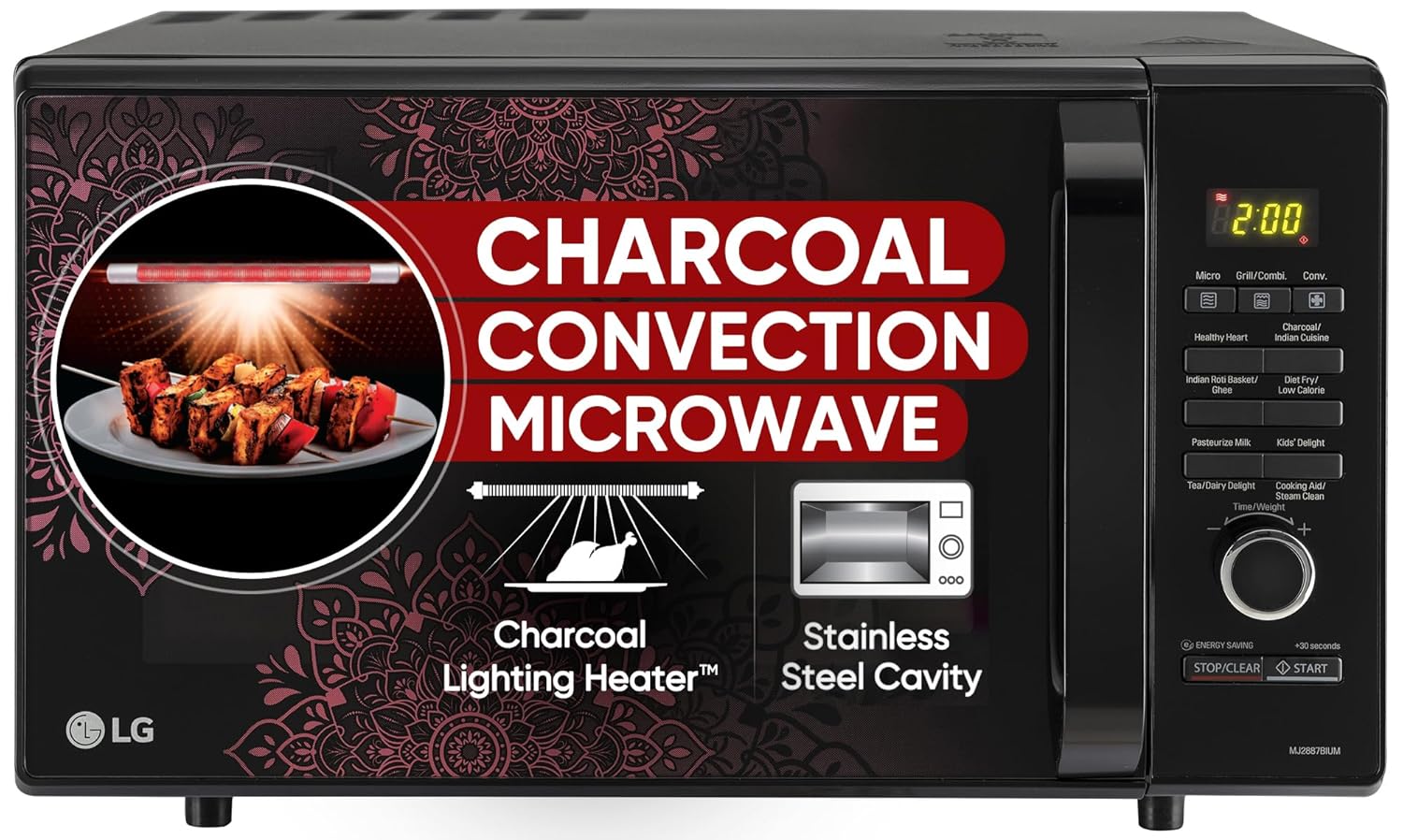LG 28 L Charcoal Convection Healthy Microwave Compact Oven(Mj2887Bium, Black, Healthy Heart Recipes, Diet Fry,Pasteurized Milk, 360°Motorised Rotisserie & 10 Yrs Warranty-Charcoal Heater, Ebony Regal)