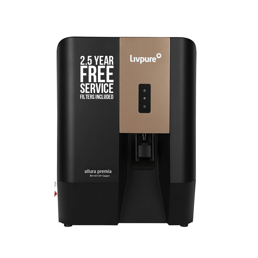 Livpure Allura Premia Water Purifier| 2.5 Year No Service Cost- Filters Included | 10 Stage Advanced Purification | RO+UV+UF+Copper+Alk+Mineraliser| In Tank UV Sterilisation| 7 Ltr|