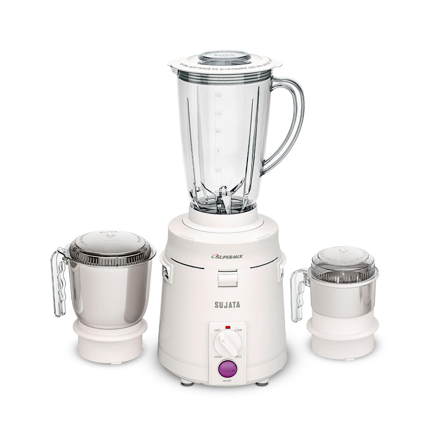 Sujata Supermix Mixer Grinder|900 Watts Double Ball Bearing Motor|22000 RPM|Non-Stop 90 Mins Running|3 Jars including 1750ml Blender, 1000ml Grinder, 500ml Chutney Jar| (White)